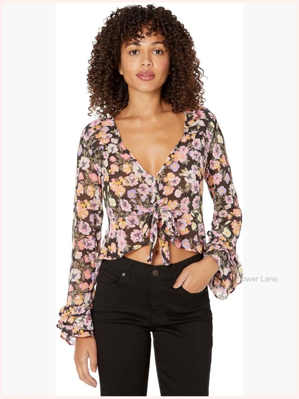 Silky Long Sleeve Blouse with Front Tie - V-Neck Ruffle Back